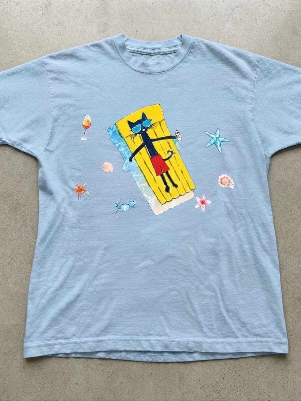 Cute Cat Beach Vacation Graphic Print Blue Cotton Gildan T-Shirt